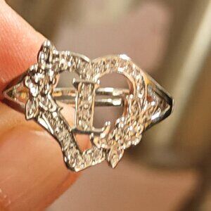 Gold Plated, "L" Initial Ring with Flowers and Glass Chips. New